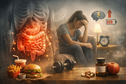 Ilustración de inflamación silenciosa en el cuerpo asociada a cansancio, hinchazón y dificultad para recuperar energía, relacionada con estrés, hábitos y estilo de vida