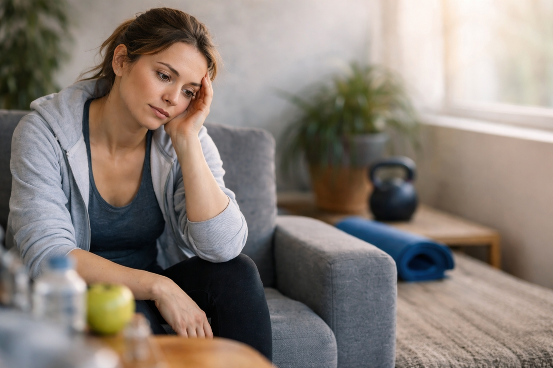 Mujer cansada y pensativa en casa, reflejando síntomas de metabolismo lento