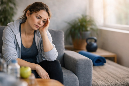 Mujer cansada y pensativa en casa, reflejando síntomas de metabolismo lento