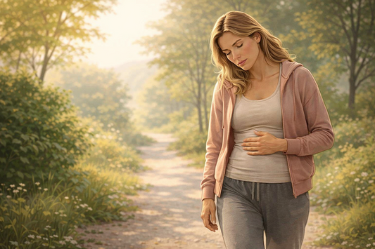 Persona adulta caminando al aire libre con gesto de calma y la mano apoyada en el abdomen.