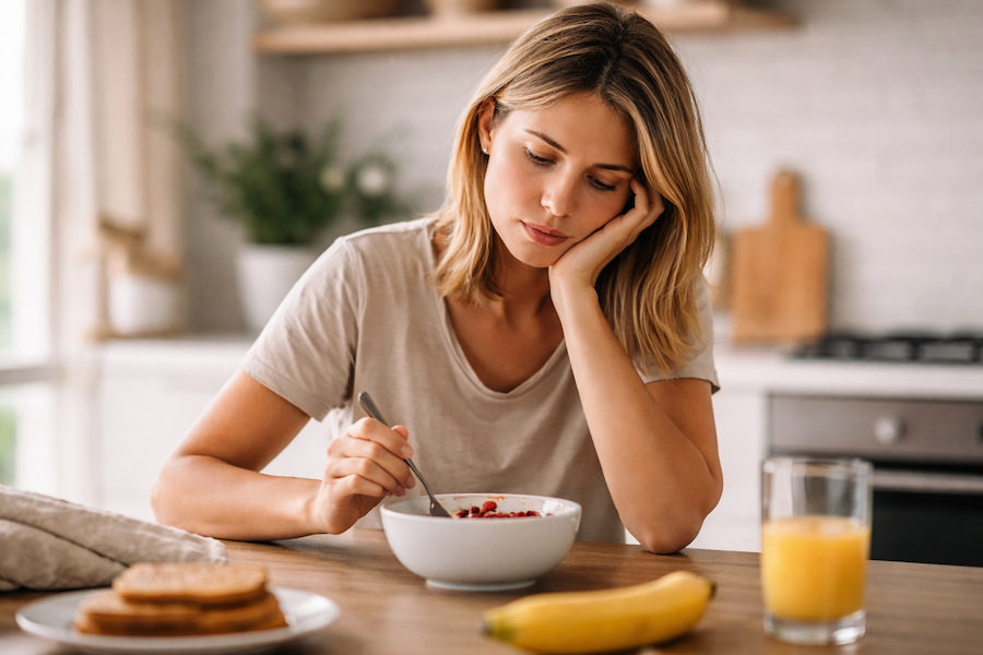 Persona en casa comiendo saludable con actitud pensativa al no ver resultados en la pérdida de grasa