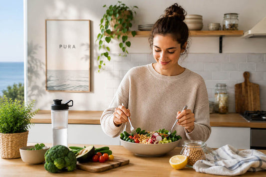Persona preparando una comida equilibrada y saciante en una cocina luminosa con alimentos frescos y ambiente relajado