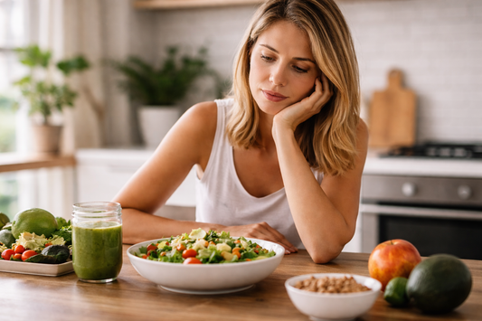 Persona en casa mirando comida saludable con actitud pensativa al no perder grasa