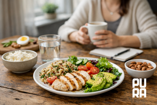 Plato equilibrado con proteína, verduras y alimentos saciantes en un entorno tranquilo, representando una alimentación que aporta sostén y estabilidad.