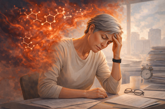 Ilustración editorial conceptual que representa el impacto del estrés y el cortisol en el bienestar, con una persona adulta mostrando cansancio mental en un entorno cotidiano