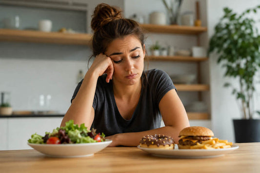 Persona cansada reflexionando sobre alimentación y falta de energía en casa