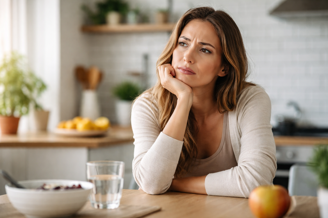 Mujer pensativa en casa reflejando frustración por no ver resultados pese a hacer dieta y ejercicio