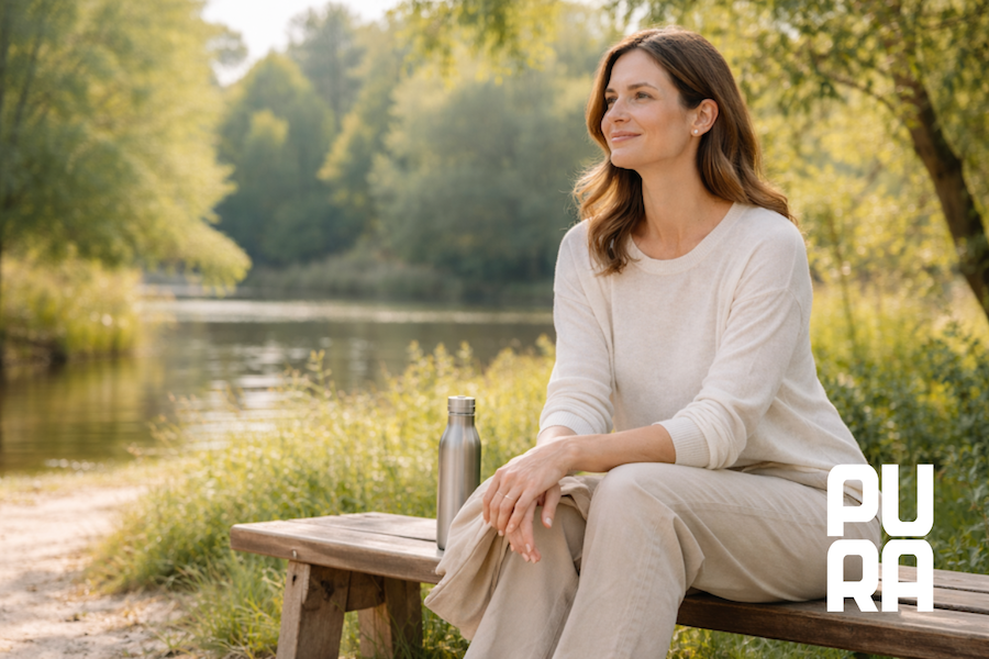 Persona sentada en un banco junto a la naturaleza, disfrutando de un momento de autocuidado tranquilo y sin exigencia