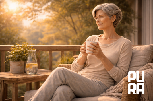 Mujer sentada en calma en una terraza, sosteniendo una taza caliente, en un momento de descanso consciente y bienestar