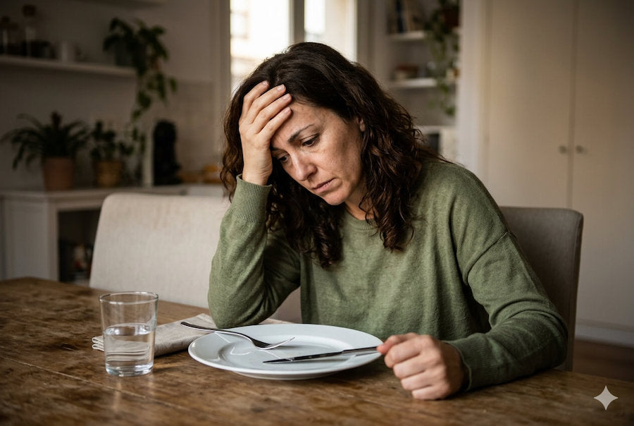 Persona pensativa en casa reflexionando sobre por qué no adelgaza pese a comer poco