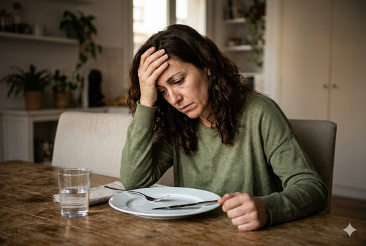 Persona pensativa en casa reflexionando sobre por qué no adelgaza pese a comer poco
