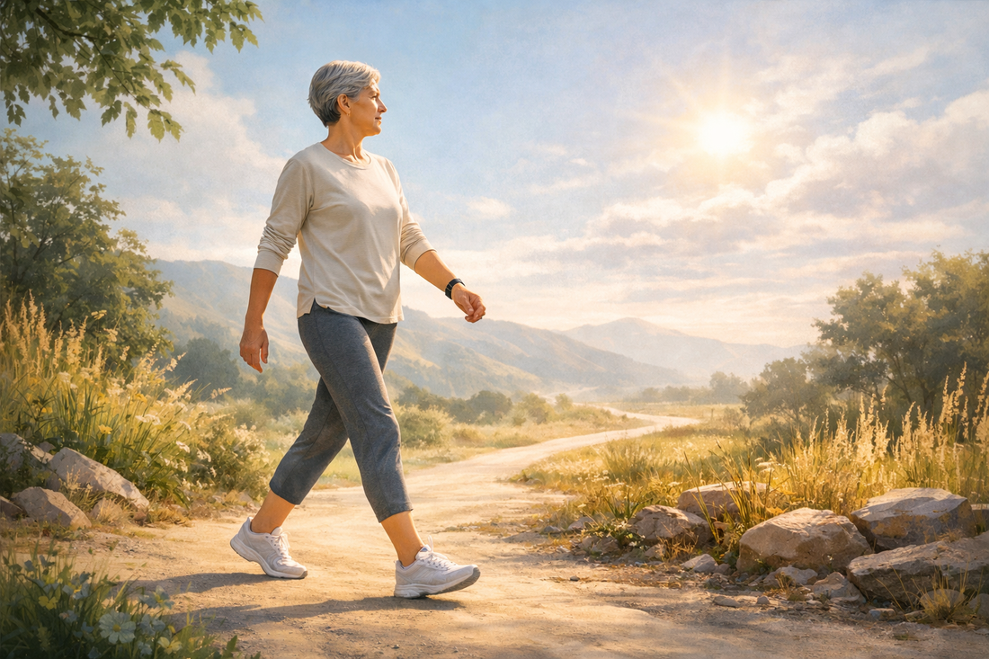 Mujer adulta caminando al aire libre en un entorno natural, representando vitalidad y adaptación del metabolismo con la edad.