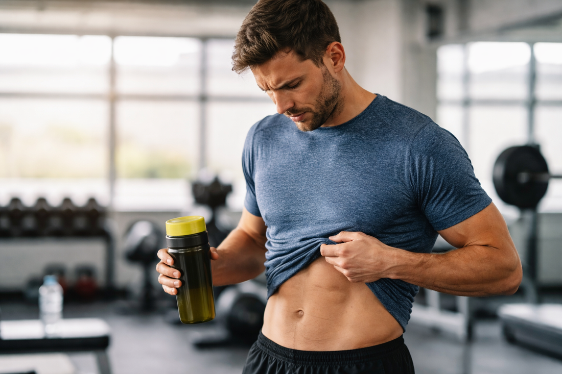hombre en gimnasio observando su abdomen con duda pese a entrenar y cuidar su alimentación