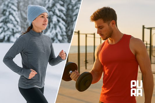 Persona entrenando en invierno y hombre entrenando en verano, representando cómo adaptar la rutina según la estación del año.