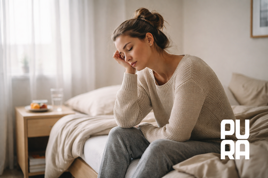 ersona sentada en la cama en un momento de cansancio, reflejando falta de motivación y autocuidado cotidiano