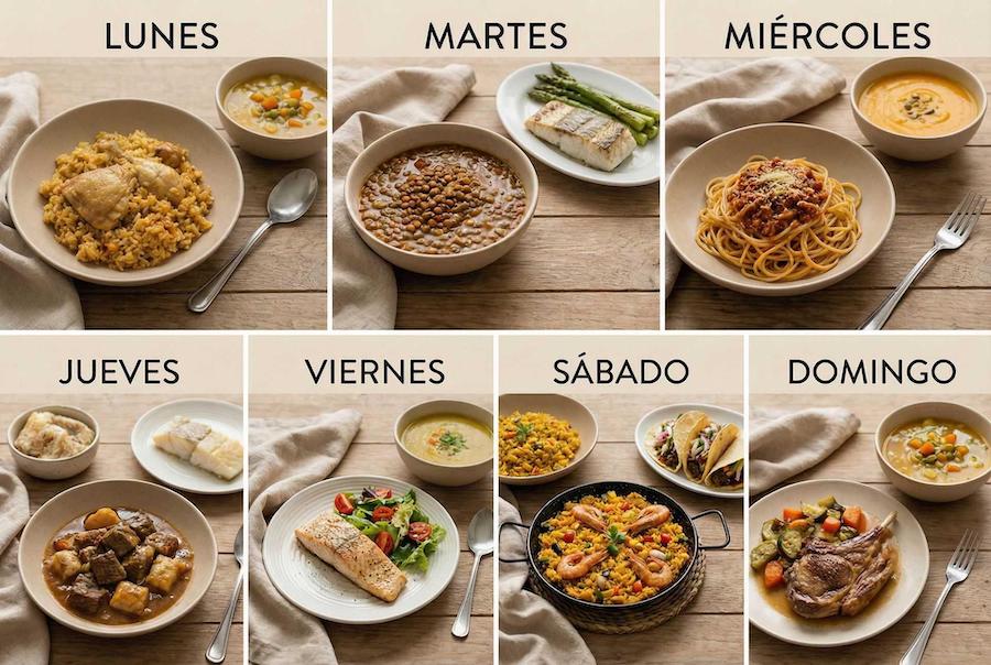 Distribución de comidas a lo largo del día en un entorno cotidiano mostrando diferentes momentos de alimentación