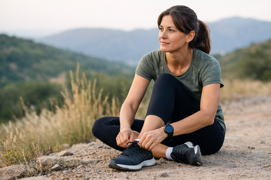 Mujer sentada en un sendero natural ajustando sus zapatillas deportivas al atardecer, representando la importancia de revisar y ajustar la rutina de entrenamiento.