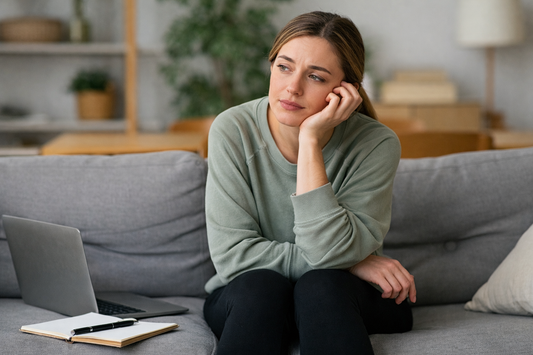 Persona en casa reflexionando sobre su estancamiento en la pérdida de grasa