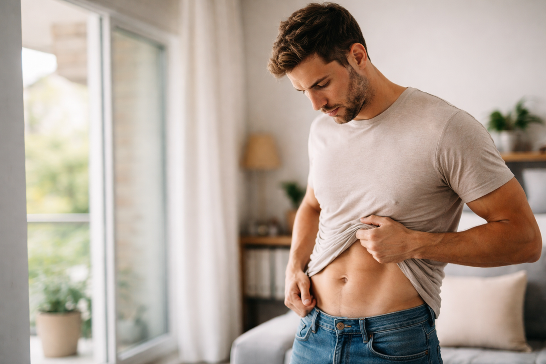 Persona observando su cuerpo y progreso sin usar aplicaciones de conteo de calorías