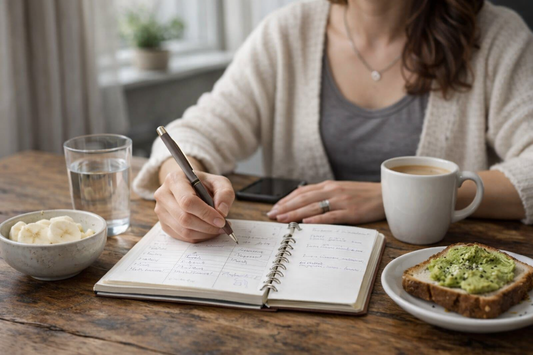 Mujer organizando su semana en una libreta mientras desayuna en una cocina luminosa, representando la importancia de los hábitos y la planificación antes de incorporar un suplemento.