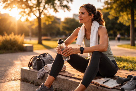 Mujer adulta descansando después de entrenar al aire libre, hidratándose y revisando su planificación, representando la importancia de la recuperación y la adaptación en el progreso físico.