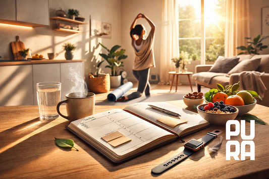 Mujer estirando por la mañana en un salón luminoso mientras una mesa con cuaderno, café y desayuno saludable refleja una rutina equilibrada y sostenible.