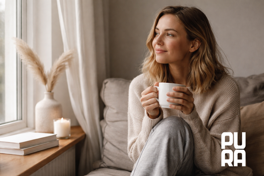 Persona en un momento tranquilo de autocuidado, sentada junto a una ventana con luz natural, representando un cuidado personal sin exigencias y basado en la continuidad