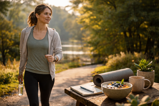 Mujer caminando en un entorno natural junto a hábitos saludables, representando cómo mejorar el metabolismo de forma natural