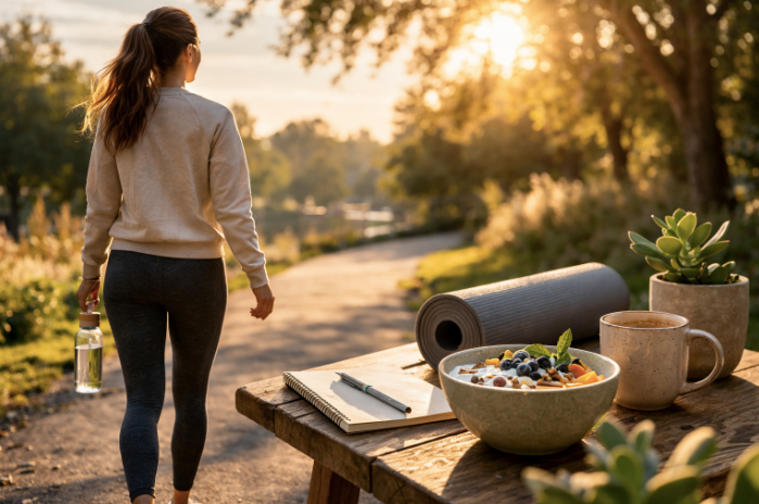 Mujer caminando al aire libre junto a desayuno saludable, representando hábitos que influyen en el metabolismo